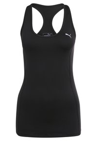 Débardeur de sport noir ajusté pour femme avec dos nageur et petit logo blanc Puma sur le côté gauche de la poitrine.