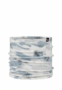 Calentador de cuello de forro polar en blanco con patrones abstractos en azul y gris, que presenta una textura suave y bordes cosidos. Etiqueta de la marca en el lateral.