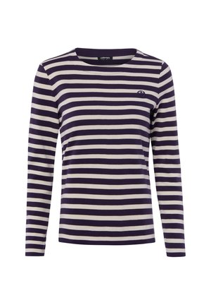 Langärmliges Shirt mit navyblauen und weißen horizontalen Streifen, rundem Ausschnitt und kleinem gesticktem Logo auf der Brust, auf weißem Hintergrund dargestellt.