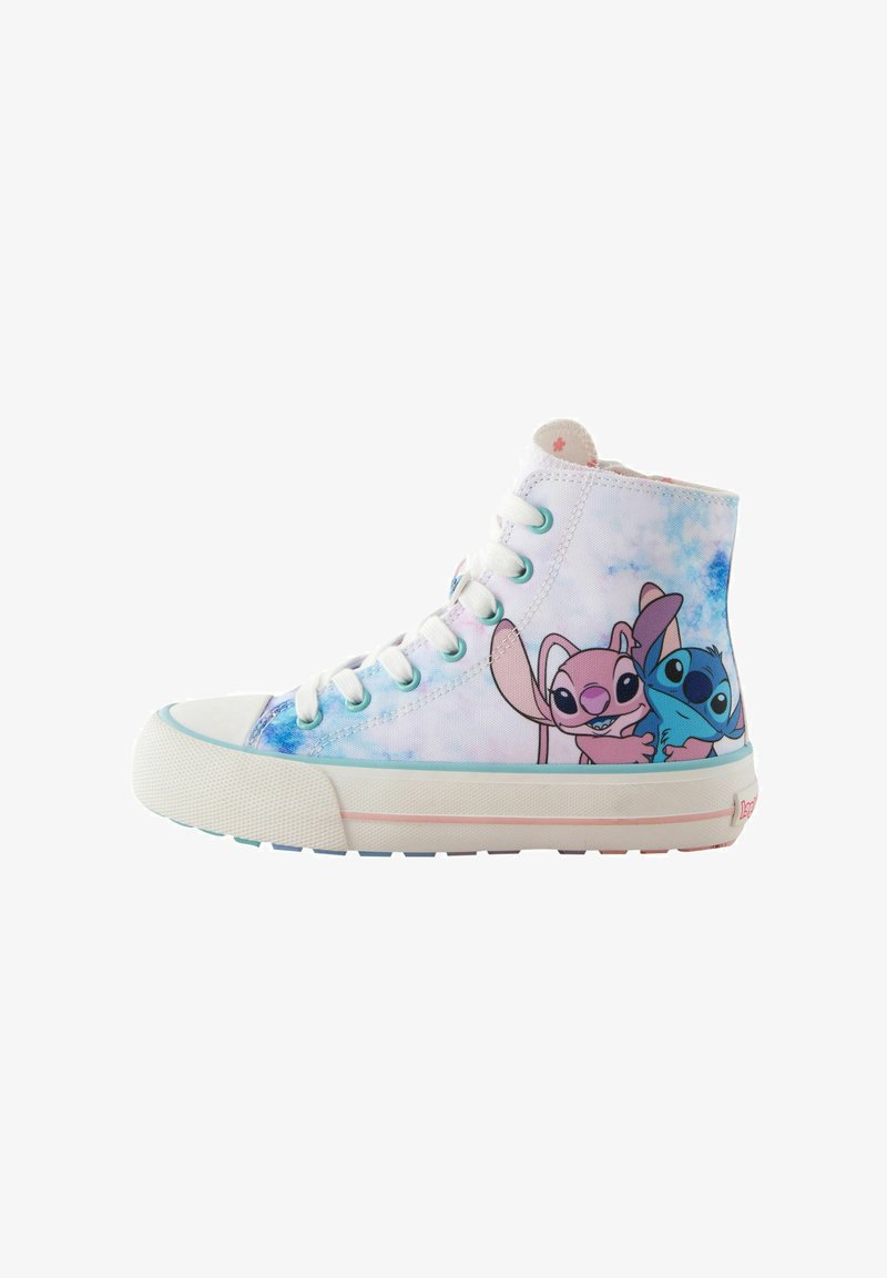 Korkealadedelised kanvas tossud, millel on valge-sinine tie-dye disain, mille külgedel on animatsiooniklassika tegelased. Kummitaldad ja klassikalised paelad.