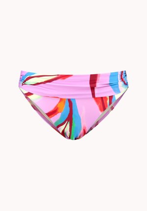 Barevné bikini kalhotky s kombinací abstraktních vzorů v růžové, červené a modré barvě. Vyrobeny z pružného, hladkého materiálu s středně vysokým střihem.
