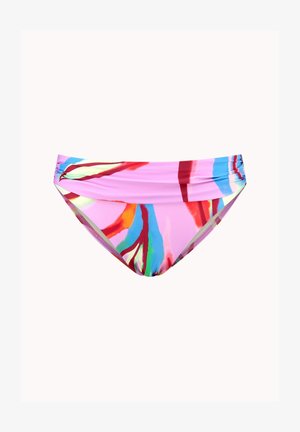 Kleurrijke bikini onderkant met een mix van abstracte patronen in roze, rood en blauw. Gemaakt van rekbare, gladde stof met een middelhoge pasvorm.