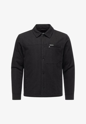Black button-up jacket with a textured fabric, featuring a front pocket and a small brand label on the chest. Classic shirt collar design.