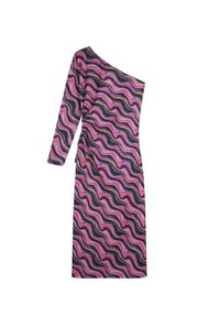 Robe asymétrique avec motif ondulé aux teintes rose, noir et multicolores. Tissu lisse avec un détail froncé sur le côté.