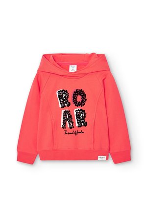 Koralfarvet børnehættetrøje med palietbogstaver, der staver "ROAR", og teksten "Lyden af frihed" på forsiden, med lange ærmer og hætte.