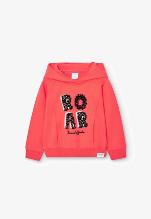Koralfarvet børnehættetrøje med palietbogstaver, der staver "ROAR", og teksten "Lyden af frihed" på forsiden, med lange ærmer og hætte.