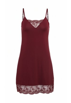 Hihaton viininpunainen liukurö Kleid, jossa on säädettävät ohuet olkaimet, pitsikoriste kaula-aukossa ja helmassa, sileä kangas ja V-pääntie.