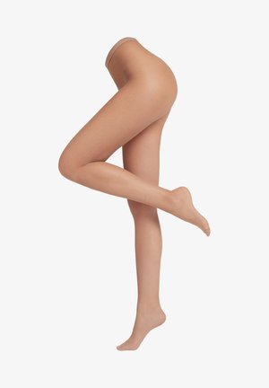 Nudefarbene Netzstrumpfhosen mit einer strukturierten, offenen Webart. Der Bund ist glatt, und das Material ist durchsichtig, sodass die Haut sichtbar ist.