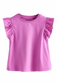 Haut lilas à manches courtes pour tout-petit avec manches volantées et encolure ronde, en tissu de coton doux.