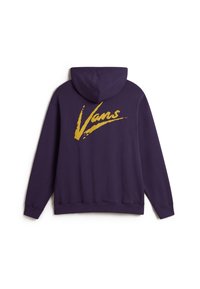 Sweat à capuche violet foncé à manches longues avec un grand logo jaune "Vans" sur le haut du dos.