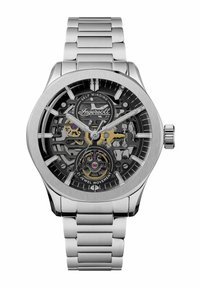 Edelstahlarmbanduhr mit einem Skelettziffernblatt, das goldene und schwarze Zahnräder zeigt, mit einem automatischen Aufzugmechanismus und einem Armband aus Edelstahl.