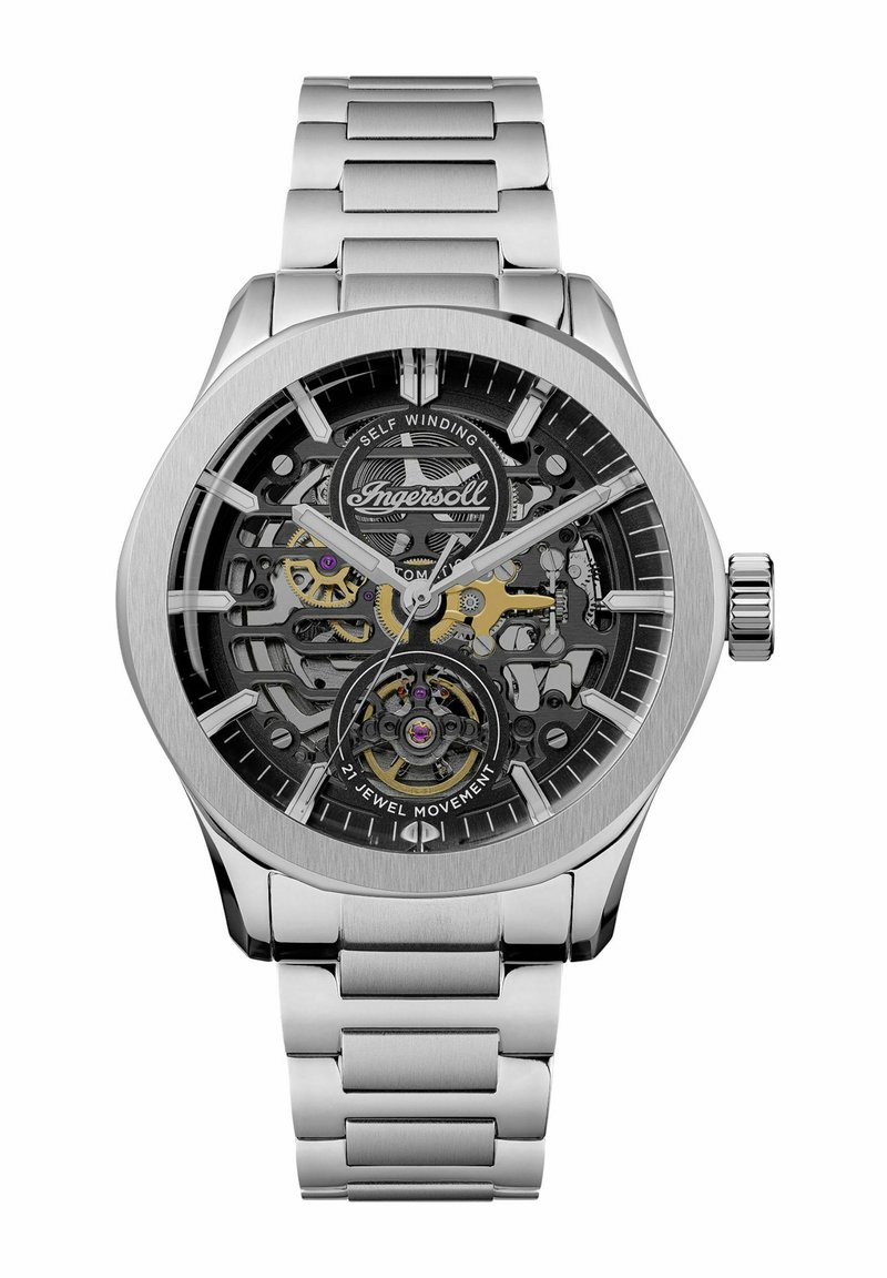 Edelstahlarmbanduhr mit einem Skelettziffernblatt, das goldene und schwarze Zahnräder zeigt, mit einem automatischen Aufzugmechanismus und einem Armband aus Edelstahl.