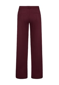 Wide-leg trousers in burgundy fabric, featuring a smooth texture, a small waistband, and two back pockets. No visible fastenings.