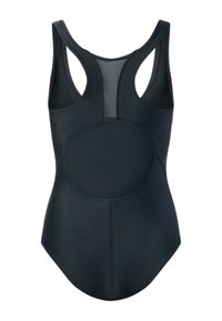 Μαύρο ολόσωμο μαγιό με σχεδιασμό racerback και διάφανη επιφάνεια στο πάνω μέρος της πλάτης, φαίνεται από πίσω.