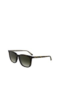 Skilpadde-sunglasses med klassisk firkantet form, gradient grå linser og gullacetatdetaljer på templene. Calvin Klein-merke til stede.