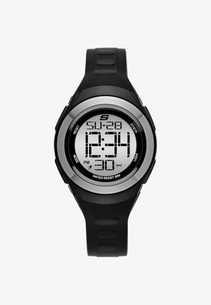 Digitale zwarte sporthorloge die tijd 12:34 PM en datum zondag 28 toont, met waterbestendigheid tot 50 meter en multifunctionele knoppen.