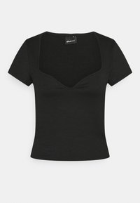 Svart, räfflad kortärmad topp med fyrkantig halsringning och åtsittande design. Tillverkad av ett elastiskt material för komfort och lättanvändhet.