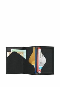 Black leather wallet opened to reveal two sections for cards and a pocket for cash, featuring various banknotes and credit cards inside.