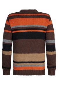 Bruine gebreide trui met horizontale strepen in oranje, zwart, grijs en beige. Geribde manchetten en zoom, ronde hals.