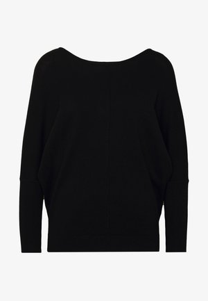 Schwarzer übergroßer Pullover mit weitem Ausschnitt, überschnittenen Schultern und langen Ärmeln. Hergestellt aus weichem Stoff mit glatter Textur und minimalem Nahtdetail.