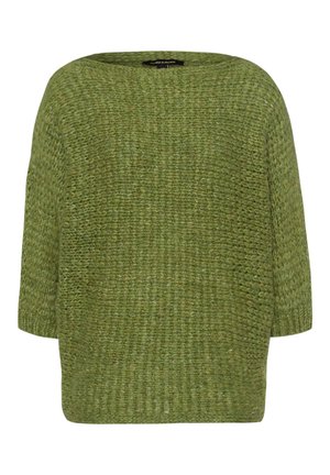 Maglione verde oliva a maglia grossa con scollo rotondo e maniche a tre quarti.