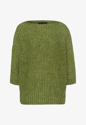 Chunky knit olive green sweater with a round neckline and three-quarter sleeves.