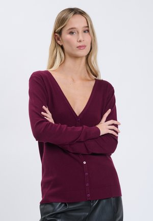 INFLUENCER, INFLUENCER CARDIGAN V-NECK BASIC CARDIGAN - Gilet - plum