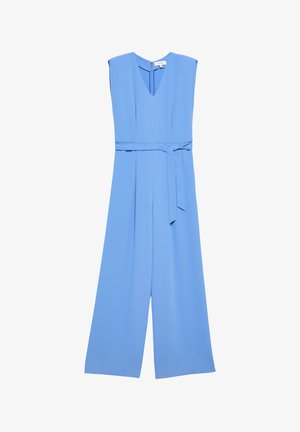Tuta senza maniche azzurro chiaro con scollo a V, gambe ampie e cintura in tessuto abbinato annodata in vita.