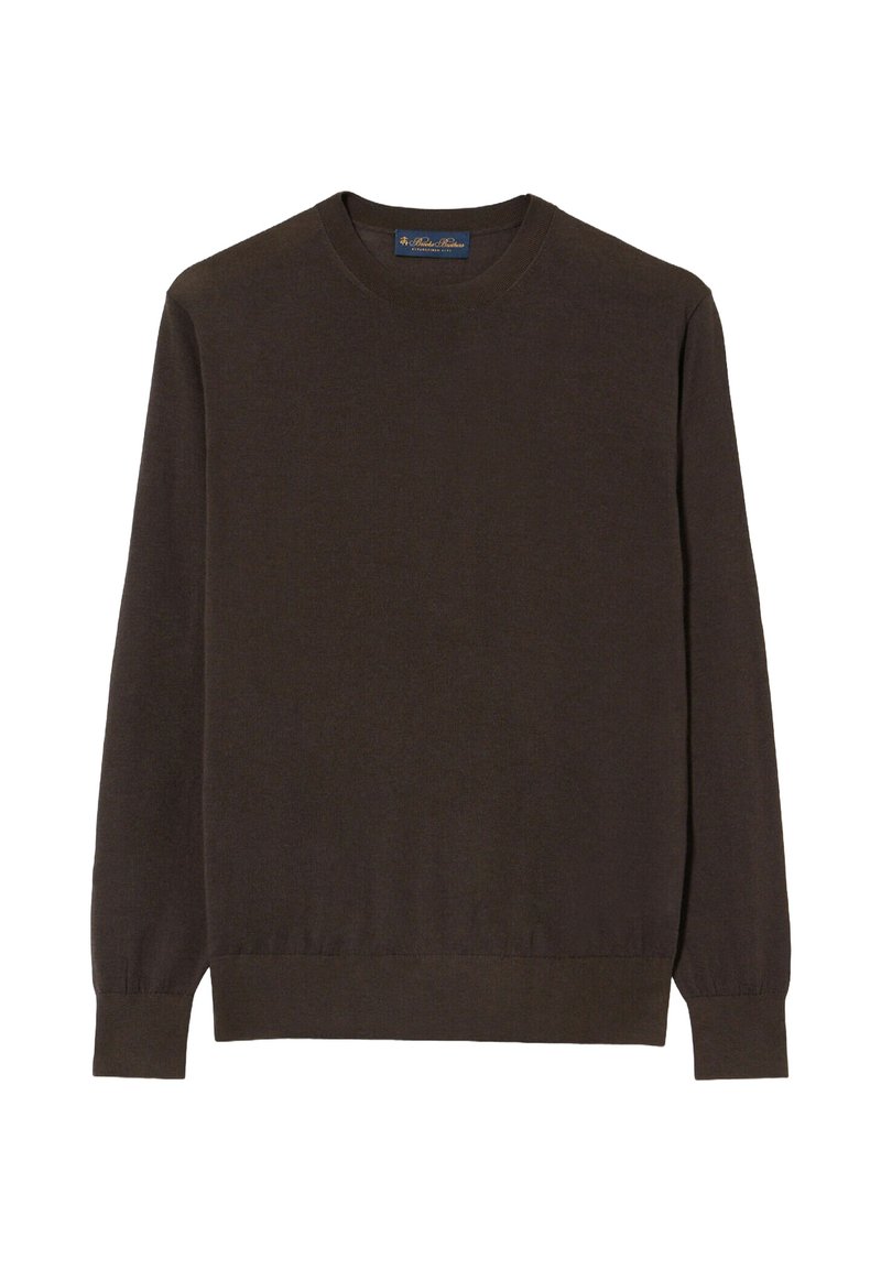 Maglione marrone a maniche lunghe con collo tondo. Tessuto morbido e liscio con polsini a costine. Design semplice senza motivi o accenti aggiuntivi.