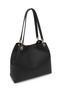 Black leather handbag with a textured finish, featuring gold hardware, dual flat straps, and a spacious, open top design.