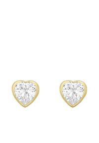 Heart-shaped stud earrings with clear gemstones set in yellow gold-tone metal. The design features a faceted cut for sparkle.