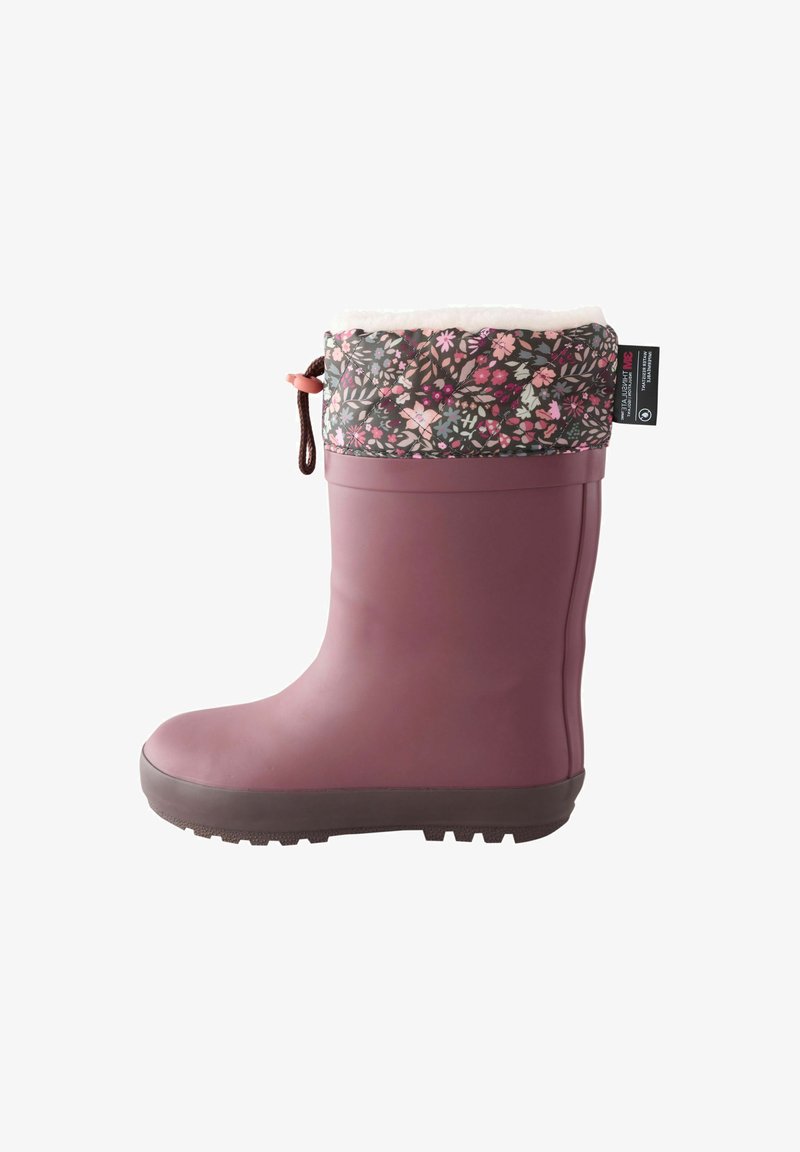 Purple rubber rain boot with brown sole and floral fabric cuff featuring drawstring closure and fleece lining inside.