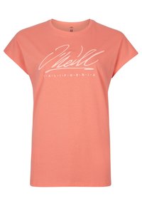 Brzoskwiniowa koszulka wykonana z miękkiej bawełny, z okrągłym dekoltem i krótkimi rękawami. Na przodzie znajduje się biały stylizowany napis "O'Neill" wraz z logo.