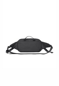 Borsa in nylon nera con doppie maniglie superiori e tracolla regolabile, caratterizzata da un design rettangolare elegante e chiusura con zip.