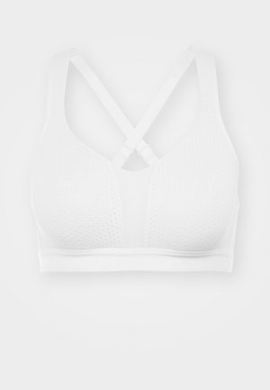 Hvit sømløs sports-bh med pustende mesh-stoff og justerbare kryssede rygger.