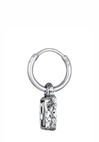 Boucle d'oreille en argent sterling avec un pendentif rectangulaire texturé présentant un motif de surface rugueux et un bord intérieur poli.