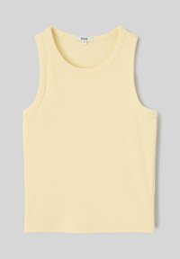 Débardeur côtelé sans manches en jaune pâle, col rond, petite étiquette de taille "BZB" à l'intérieur du col, présenté à plat sur fond gris.