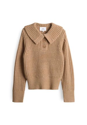 Pull en tricot beige avec un grand col, trois boutons au cou, bord côte en bas et aux manches, motif en fil texturé sur l'ensemble.