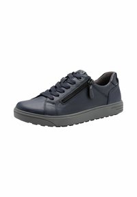 Navy blue leather sneaker with black laces, side zipper, and gray rubber sole designed for comfort and casual wear.