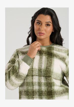 Grøn og hvid rutet fleece-pullover, tekstureret, med rund halsudskæring og ribbede manchetter, lavet af et blødt, flosset materiale.