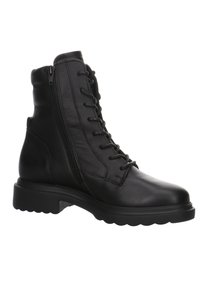 Černé kožené kotníkové boty s texturovaným povrchem, s předním šněrováním a bočním zipem pro snadné obutí. Silná gumová podrážka.