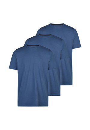 Trois t-shirts à manches courtes bleus unis avec col rond superposés, vue de face, sur fond blanc.