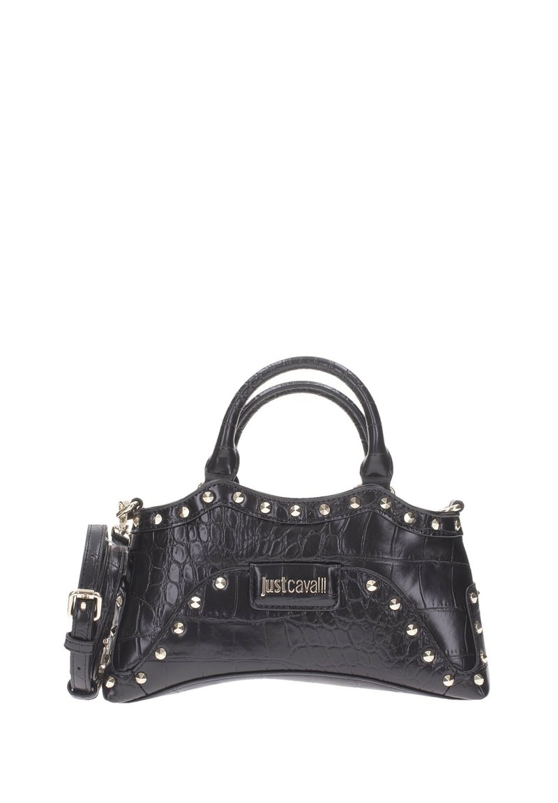 Borsa nera in pelle con texture a coccodrillo, dotata di doppio manico, borchie argentate lungo i bordi, tracolla rimovibile e placca con logo "Just Cavalli" al centro davanti.