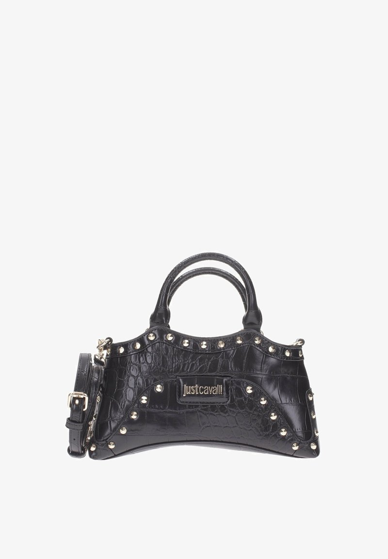 Borsa nera in pelle con texture a coccodrillo, dotata di doppio manico, borchie argentate lungo i bordi, tracolla rimovibile e placca con logo "Just Cavalli" al centro davanti.