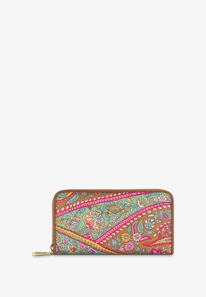 Gevoerde portemonnee met een bruine, gedessineerde buitenkant die roze, groene en gele bloemmotieven bevat, en een gouden accentlogo.
