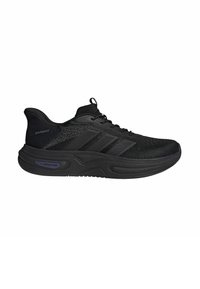 Black athletic shoe featuring a knit upper, cushioned Cloudfoam midsole, and textured detailing. Lightweight design with prominent branding.