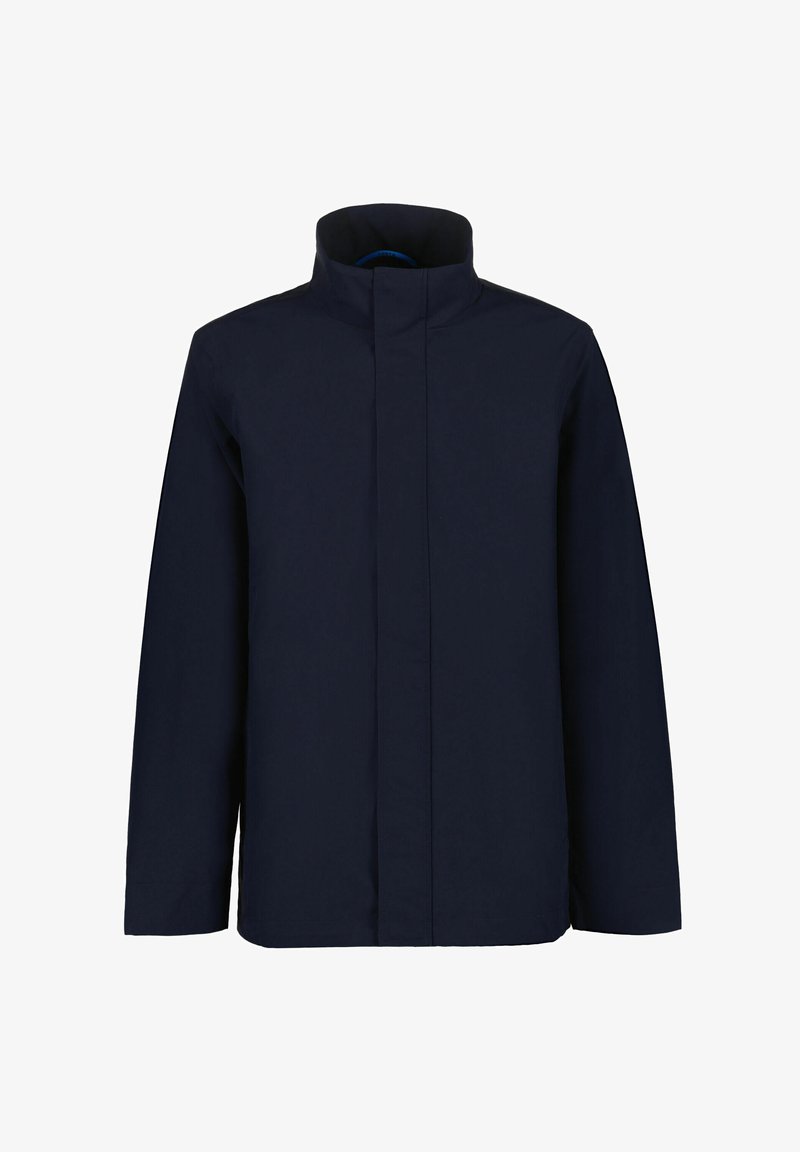 Navy blue jacket with a high collar, long sleeves, and a minimalist design. Made from a smooth, lightweight fabric. No visible fastenings.