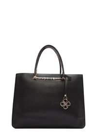 Sac à main en cuir noir au design structuré, avec deux poignées, un charme décoratif en ton doré, et une finition texturée.
