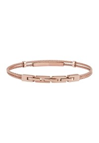 Pulsera de oro rosa con un diseño de cable trenzado y acentos de metal pulido, incluyendo eslabones rectangulares y una placa central.