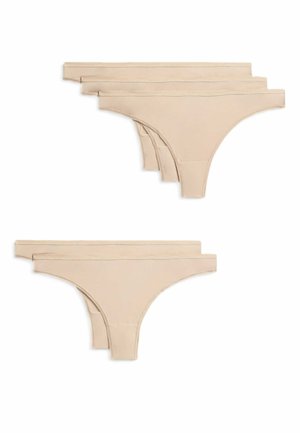 Nude tanga underkläder set, som har mjukt elastiskt material, minimalistisk design, och fyra identiska par med släta sömmar.